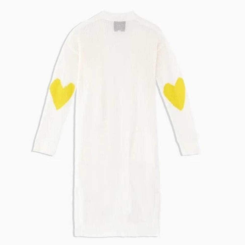 Kerri Rosenthal Sandy Duster Cardigan L White Yellow Heart Long Open Knit Cotton